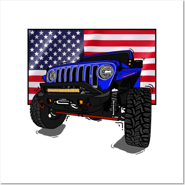 Jeep with American Flag - Blue Essential Wall Art by 4x4 Sketch